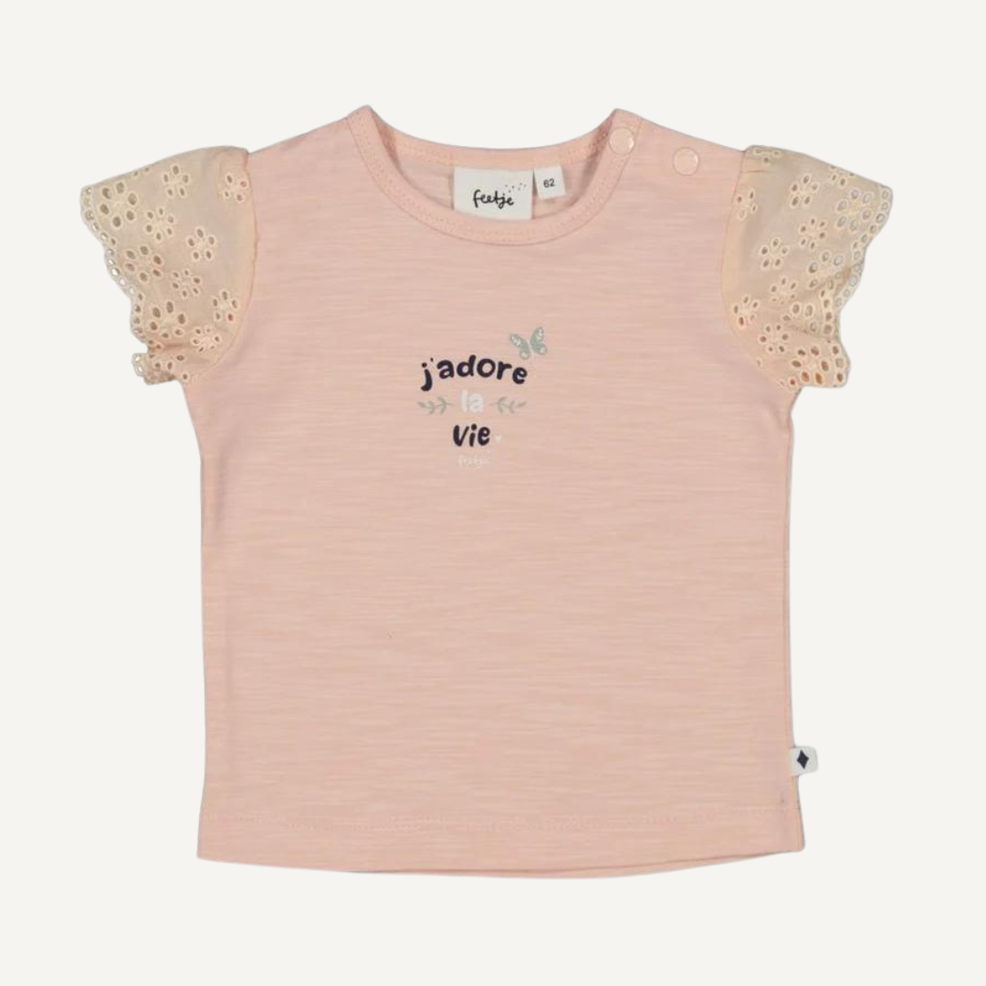 T-shirt rose « J'adore la vie » à manches en dentelle – Feetje
