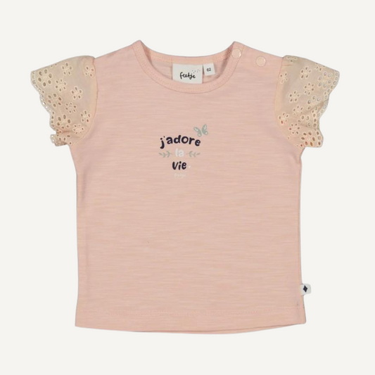 T-shirt rose « J'adore la vie » à manches en dentelle – Feetje