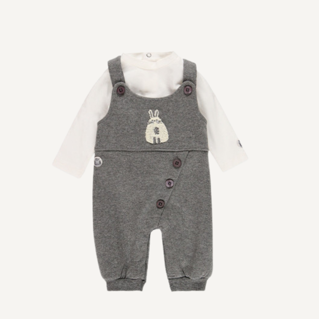 Conjunto Bebé - Camiseta Blanca y Peto Gris con Conejito Boboli