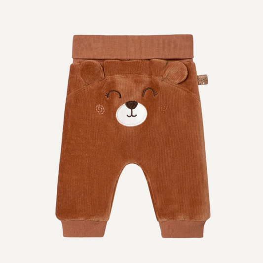 Pantalón marrón de bebé Boboli con diseño de cara de osito bordada