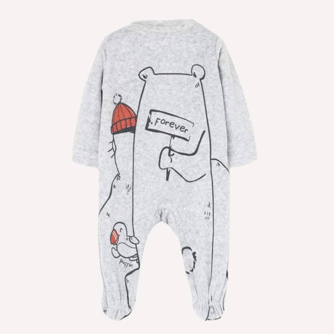 Parte trasera del pelele gris de Boboli con dibujo de oso y palabra "Forever"