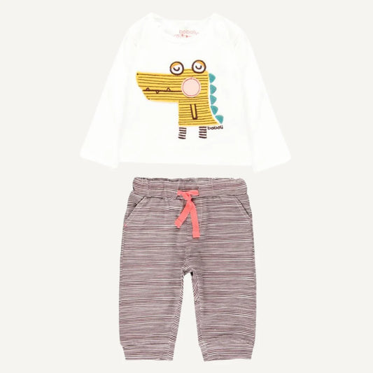 Conjunto Bebé - Camiseta Blanca con Cocodrilo y Pantalón de Rayas Boboli
