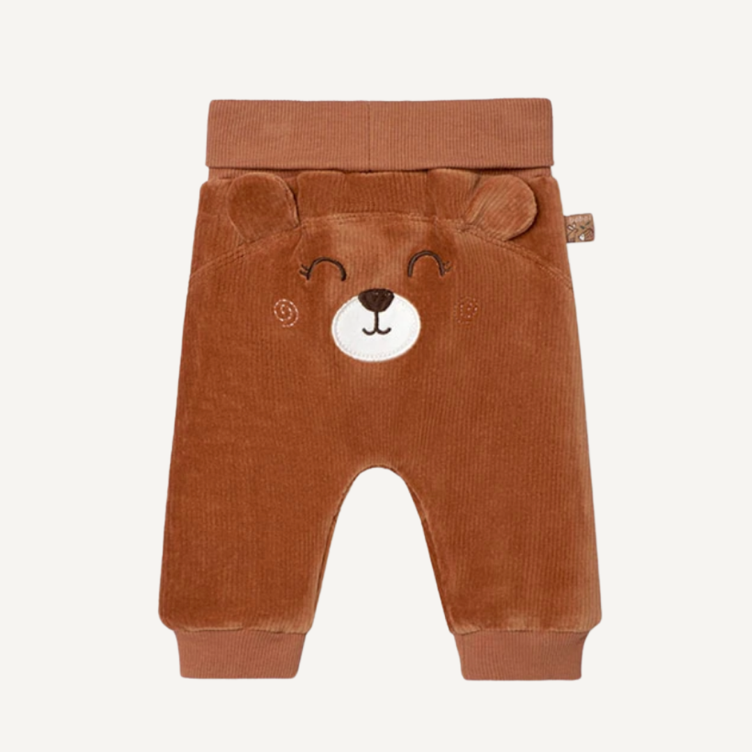 Pantalón marrón de bebé Boboli con diseño de cara de osito bordada

